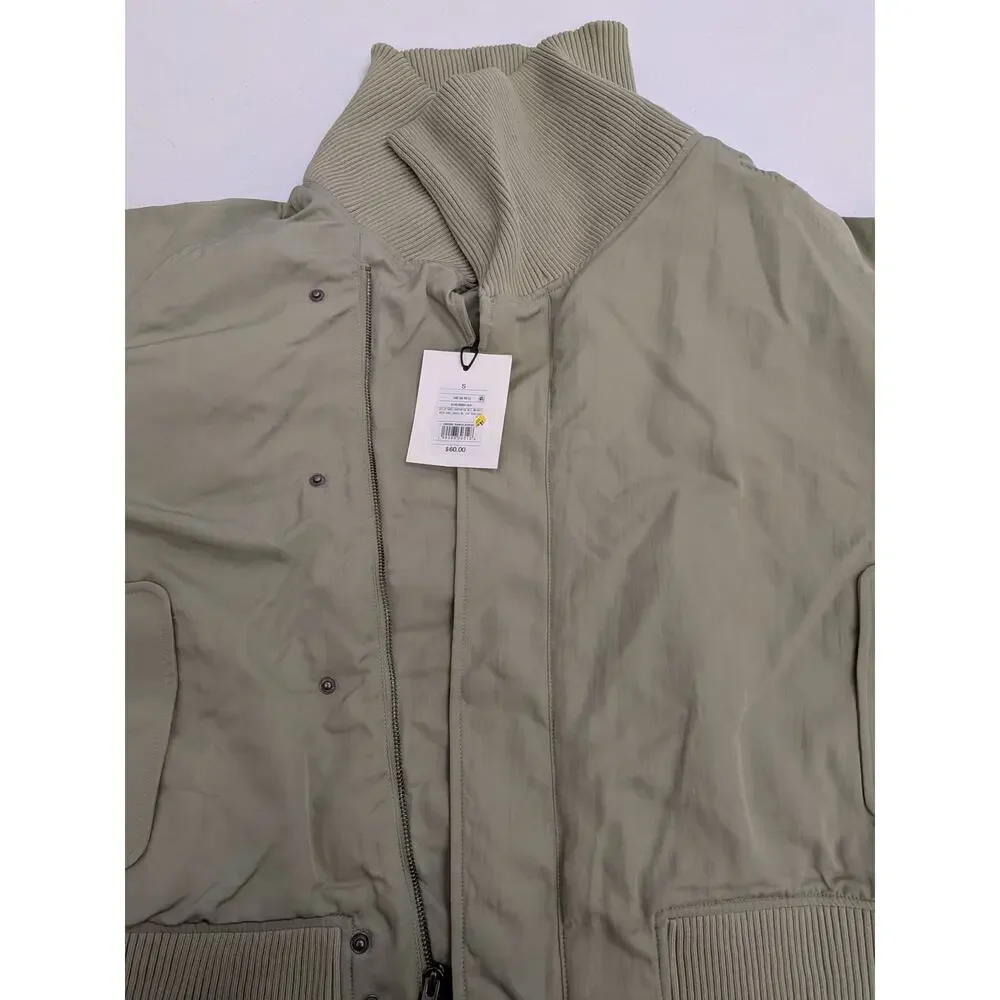 KBB Women’s Oversized Bomber Jacket Sage Green Ruched Sleeve Zip-Up Size S - Picture 7 of 8